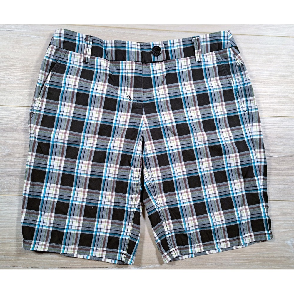New York & Company Plaid Flat Front Bermuda Shorts Black Blue White Size 6